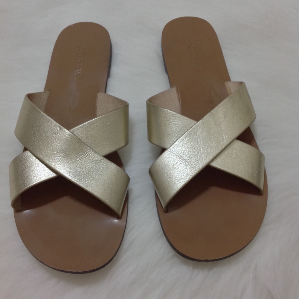 J.Crew Malta Metallic Cross Strap Sandals Gold Leather Size 10